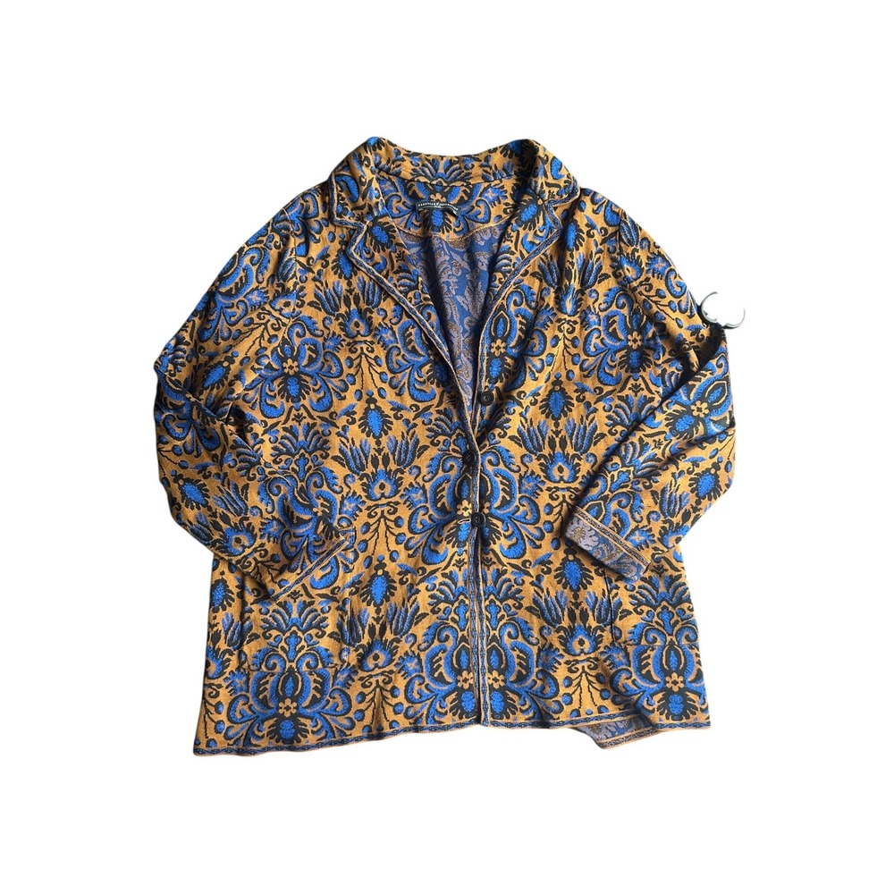 Peruvian Connection XXL Pima Cotton Damask Knit Blazer Cardigan Gold Blue Black